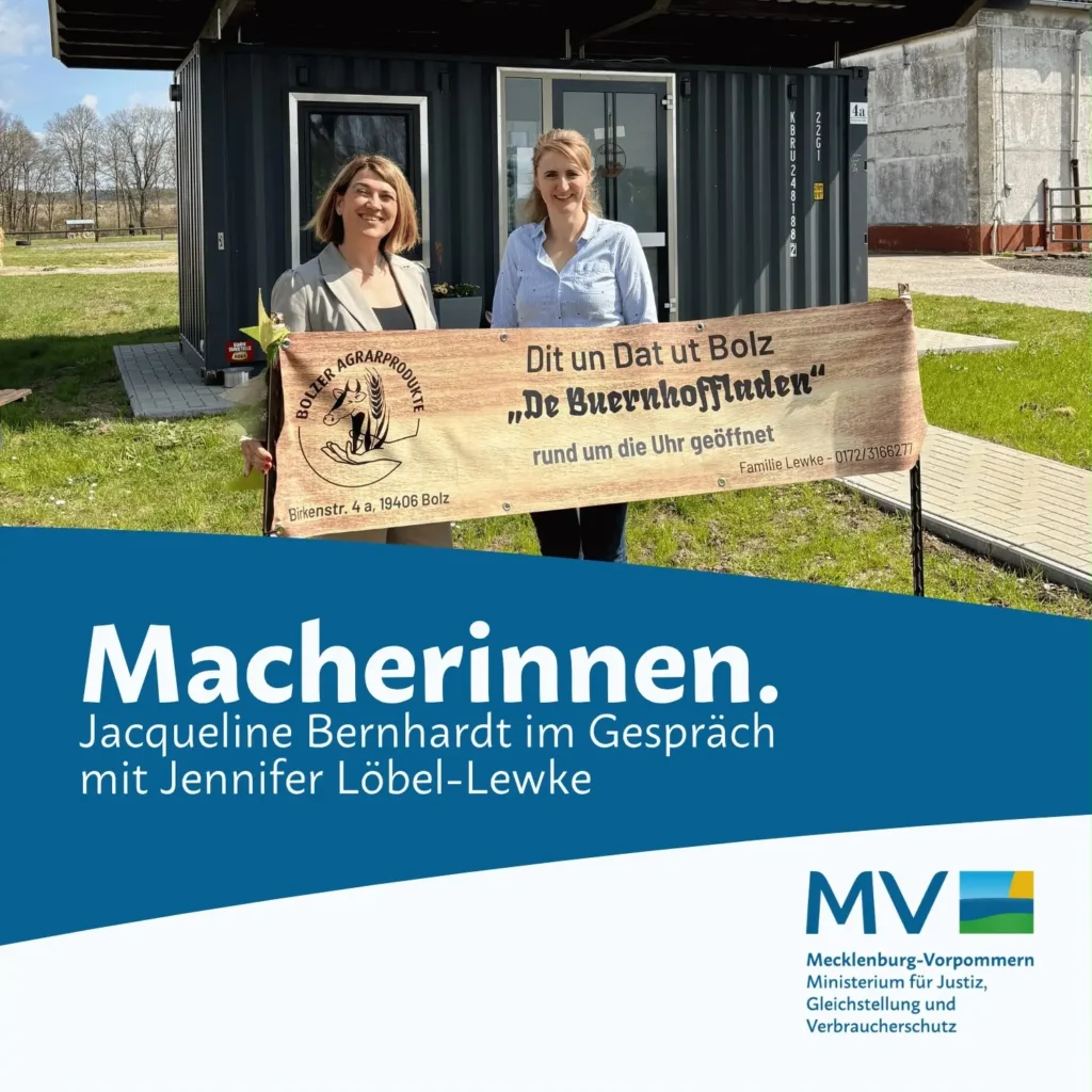 Podcast „Macherinnen“: Landwirtin Jennifer Löbel-Lewke spricht mit Jacqueline Bernhardt über Hofnachfolge in Mecklenburg-Vorpommern, moderne Landwirtschaft, die Vereinbarkeit von Familie und Beruf sowie die Vernetzung junger Landwirte im Netzwerk Generation F.1.